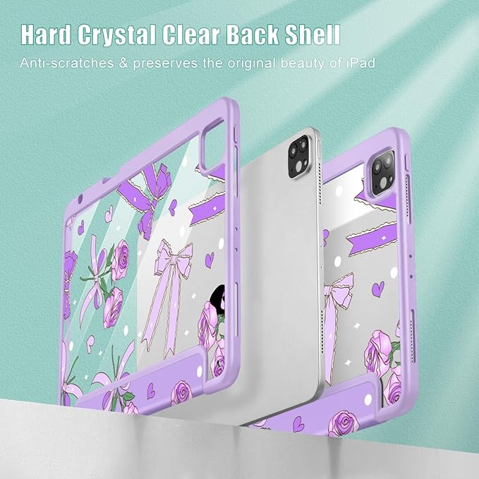 Tuiklol for iPad Pro 11 Inch 4th / 3rd / 2nd / 1st Gen (2022 2021 2020 2018) Case -Built-in Pencil Holder Shockproof Cover Clear Transparent Back Shell with Auto Wake/Sleep, Bow & Rose Purple