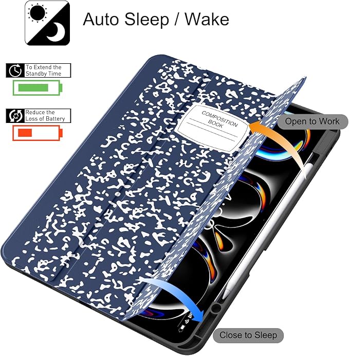 Soke Case for New iPad Pro 13 Inch (M5/M4, 2025/2024 Release), with Pencil Holder Trifold Stand Shockproof [Support Apple Pencil Charging + Auto Wake/Sleep], Soft TPU Back Cover, Book Navy