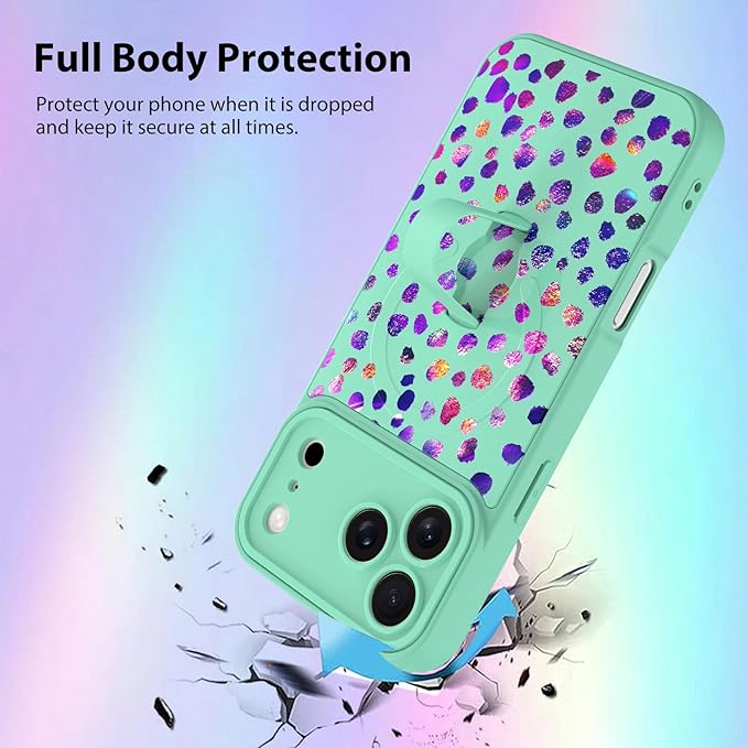 KANGHAR Compatible with iPhone 17 Pro Max Case, Support for MagSafe, Silicone Cute Iridescent Pattern Leopard Print Cheetah, Wristband Kickstand Shockproof Soft Slim Cover for Girls Women, Green