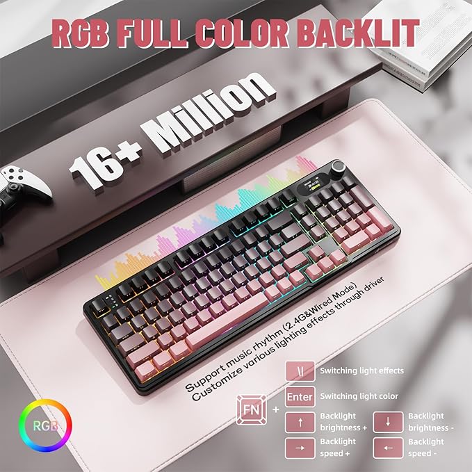 MAMBASNAKE Attack Shark X98 Pro Wireless Mechanical Keyboard with Screen & Knob, 2.4G/USB-C/BT5.0 Gasket Hot Swappable Creamy Keyboard102 Keys, Web Driver RGB Gaming Keyboard for PC/Mac/PS4/Xbox