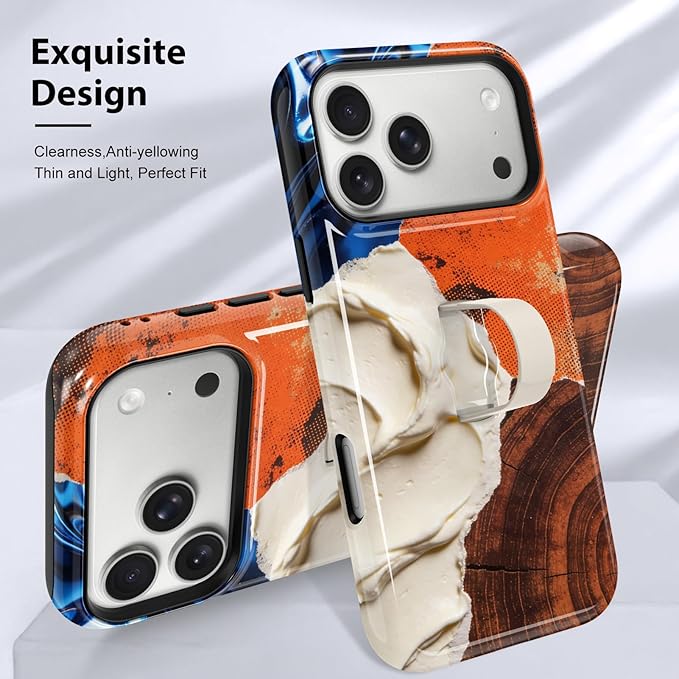 KANGHAR Compatible with iPhone 17 Pro Case, Support for MagSafe, Silicone Marble Cute Pattern, Finger Hold Wristband Kickstand Camera Protection Soft Slim Phone Case for Girls Women -Orange‌