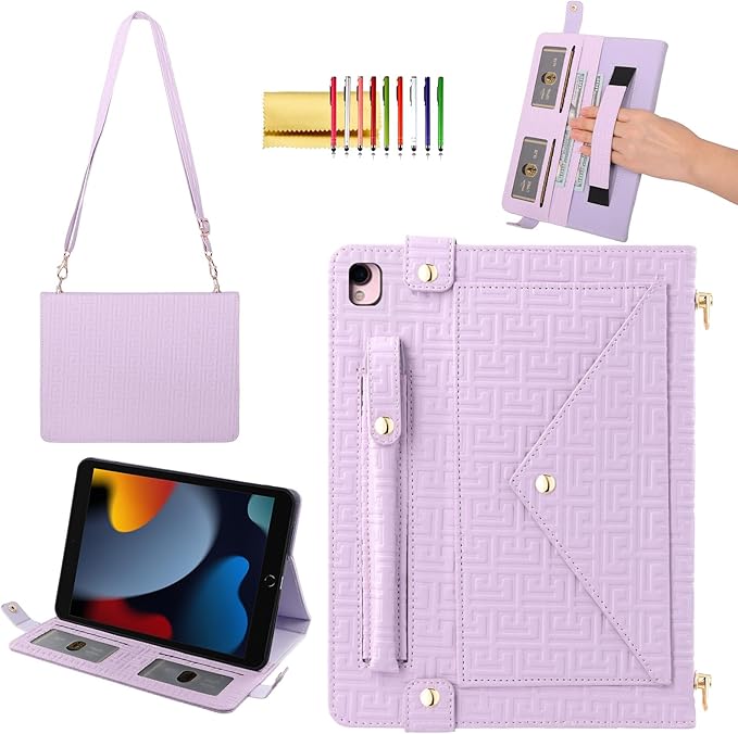 Handbag Case for iPad 9.7 Inch 2018/2017 (6th/5th Gen), iPad Air 2/Pro 9.7 Cover, Techcircle Cute Folio Stand Wallet Case w/Pencil Holder, Card Slots, Hand Strap, Shoulder Strap, Lavender