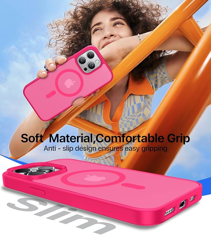 Magnetic for iPhone 15 Pro Max Case, [Compatible with MagSafe][Military-Grade Drop Protection][Anti-Yellowing] Shockproof Translucent Matte Cover for iPhone 15 Pro Max Phone Case,Hot Pink