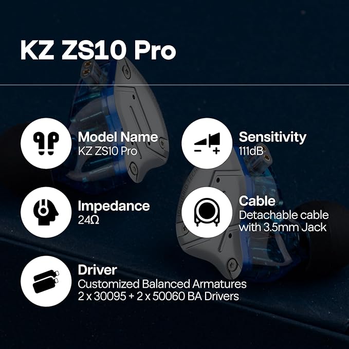 Linsoul KZ ZS10 Pro, 4BA+1DD 5 Driver in Ear Monitor, HiFi Wired Earbuds, Gaming Earbuds, Hybrid IEM Earphones with Stainless Steel Faceplate, Detachable Cable for Musician (with Mic, Blue)