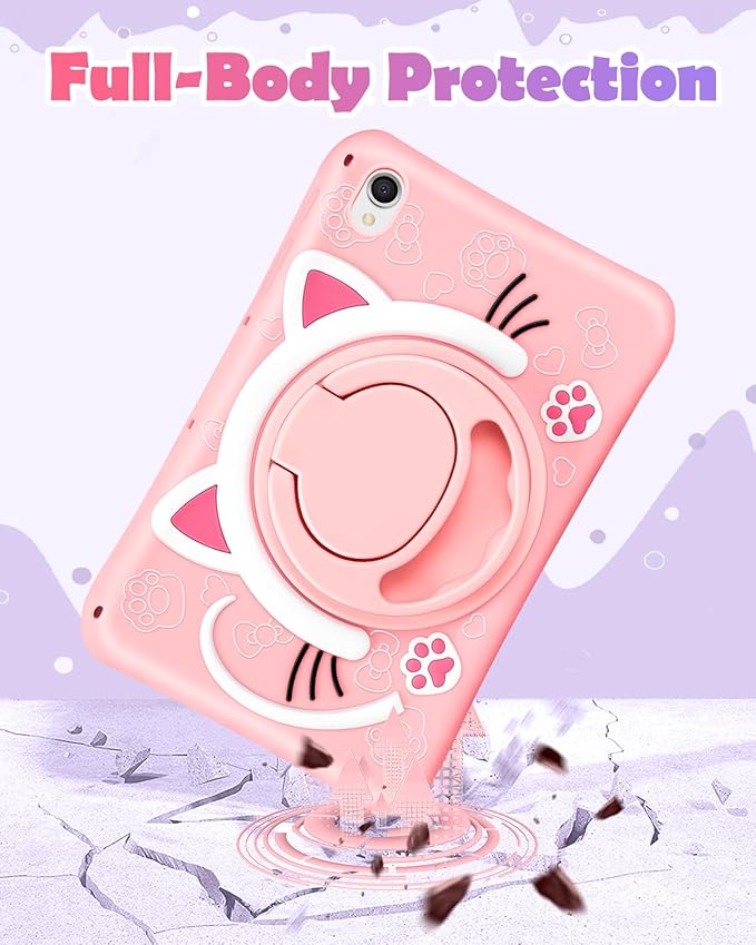 Wazzasoft for Samsung Galaxy Tab S9 Case 11 Inch - Cute Cartoon Kawaii Cat Kitten Girls Girly 3D Soft Silicone Tablet Cover with Rotating Stand & Strap Funda for Galaxy Tab S9 Case