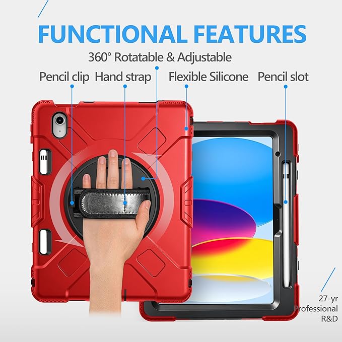 Case for iPad (A16) 11th/10th Generation Case: Protective Cover for iPad 11th Gen 11 Inch 2025 &10th Gen 10.9" 2022 with Screen Protector- Stand- Shoulder Strap- Handle- Pencil Holder-Black+Red