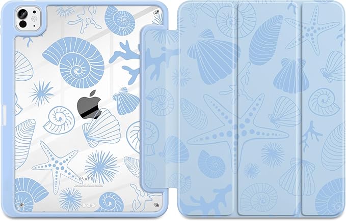 Case for iPad Pro 13 inch (M5) 2025 (M4) 2024 Release Slim Lightweight Cute Light Blue Cover with Clear Back TPU Edge Pencil Holder Trifold Stand, Starfish and Shells
