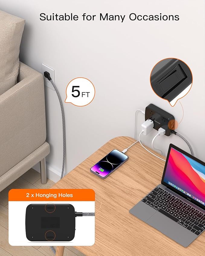 Power Strip with 2 USB C - BESHON 5 Ft Flat Extension Cord Flat Plug Power Strip, 4 Widely Outlets and 4 USB Charging Ports for Home Office Dorm Room Essentials, Black