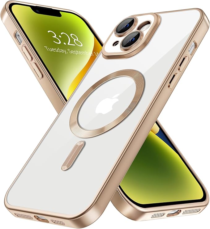 Hython Magnetic Clear for iPhone 14 Plus Case with Camera Lens Protector [Compatible with MagSafe] Luxury Plating Edge Slim Soft TPU Cover Protective Phone Case for iPhone 14 Plus, Matte Desert Brown