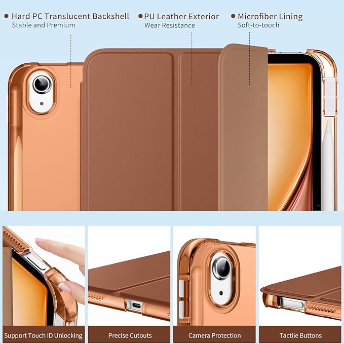 MoKo for iPad Air 11 inch Case (M4/M3/M2) 2026/2025/2024, iPad Air 5th/4th Gen 10.9 inch Case 2022/2020 with Pencil Holder, Slim Light Trifold Cover with Hard PC Translucent Back Shell, Brown