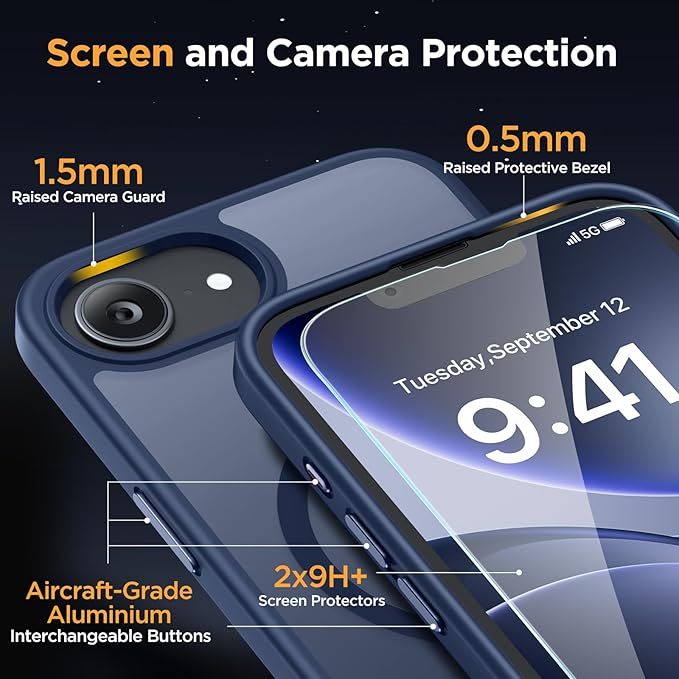 Miracase for iPhone 16e case & iPhone 17e Case for MagSafe [with 2×9H+ Screen Protectors] TOP Military-Grade Protection Shockproof with Velvet Touch for iPhone 16e/17e Phone Case 6.1", Dark Blue