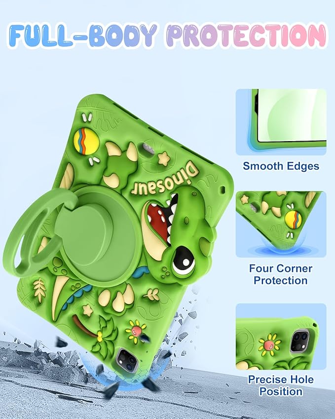 Boaretiu for iPad Air M4/M3/M2 11"/Air 4th/Air 5th Gen/for iPad Pro 11"(1/2/3/4) Case - Cute Cartoon Silicone Cover with Adjustable Shoulder Strap & Rotating Stand for Kids Boys Girls, Green Dinosaur