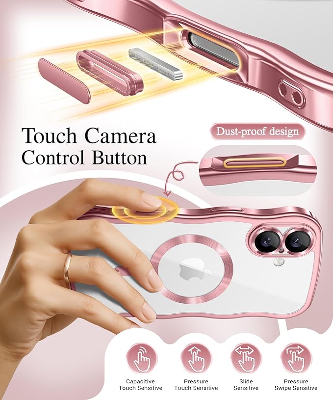 GVIEWIN for iPhone 17 Case Compatible with MagSafe, Upgraded [Full Camera Protection][Cute Wave Frame][Military Grade Protection] Electroplated Hard Phone Cover for Women Girl, Clear/Pink