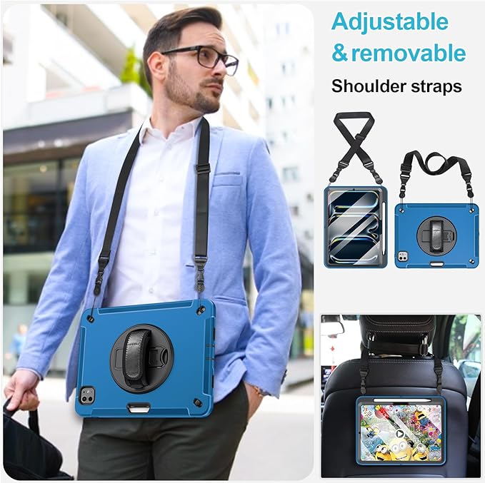 Case for iPad Pro 13 Inch M5 2025/ M4 2024: Military Grade Cover for iPad Pro 13" with Screen Protector - Stand - Handle - Shoulder Strap - Pencil Holder- Blue