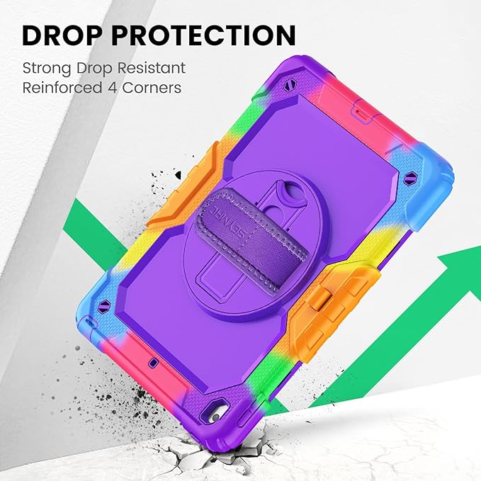 SEYMAC Kids Case for iPad 9th/8th/7th Generation 10.2 Inch with Screen Protector, Rotatable Hand Strap/Stand, Shoulder Strap, Shockproof Heavy Duty Protective Case for iPad 10.2, Colorful Purple