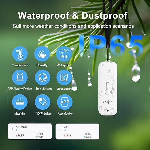 eMylo WiFi Thermometer Hygrometer 3 Pack, Smart Indoor Temperature Humidity Sensor with 2 IP65 Outdoor Sensors, App Alert, Data Export, 492ft Range, 2.4GHz Only for Home Greenhouse Monitoring