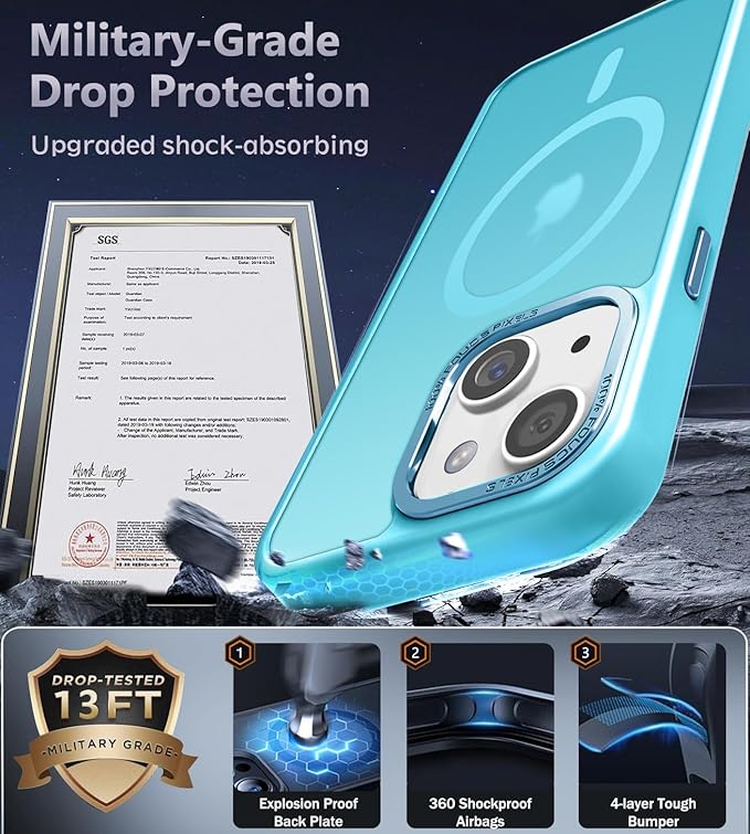 Newfuture Designed for iPhone 13 Case & iPhone 14 Case with Magnetic [13 FT Military Drop Protection] [Compatible with Magsafe] Slim Translucent Shockproof with Anti-Fingerprint Phone Case, Lake Blue