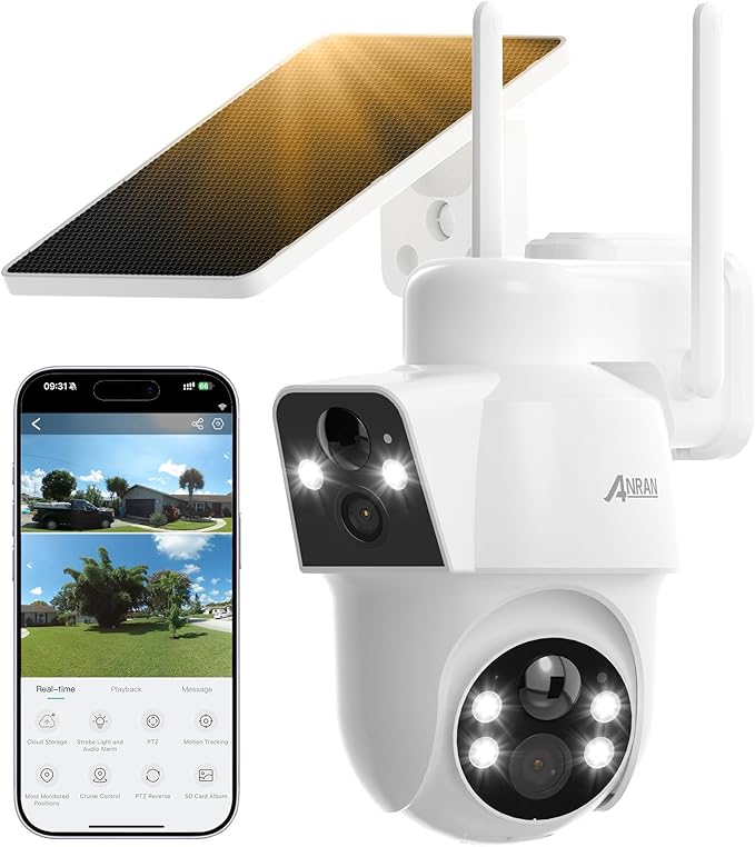 ANRAN Dual-Lens Solar Security Camera, 3MP Wireless Outdoor Camera for Home Security, 100% Wire-Free with Solar Panel, Color Night Vision, Motion Detection, 2.4GHz WiFi, IP66 Weatherproof