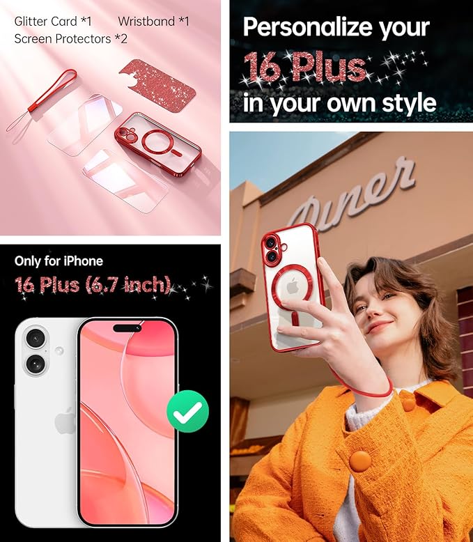 Meifigno for iPhone 16 Plus Case 6.7", [Glitter Card & Wrist Strap] [Compatible with MagSafe] [2X Screen Protectors] Surround Lens Protection Designed for 16 Plus Case, Christmas Red