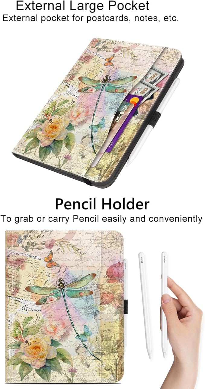 Vimorco for iPad Pro 13 Inch Case, for iPad Air 13 Inch Case, Fit for iPad Pro 12.9 Cases 6th/5th/4th/3rd Generation 5 Stand Angles/Typing Stand/Pencil Holder/Card Pockets, Dragonfly Flower