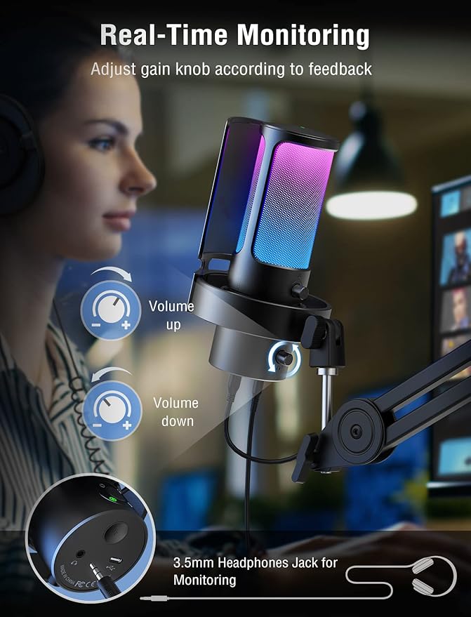 FIFINE Gaming USB Microphone, PC Computer Mic with 4 Polar Patterns for Podcast Streaming Recording YouTube, RGB Condenser Desktop Mic for Windows, Mac, with Headphone Jack-AmpliGame A8 Plus