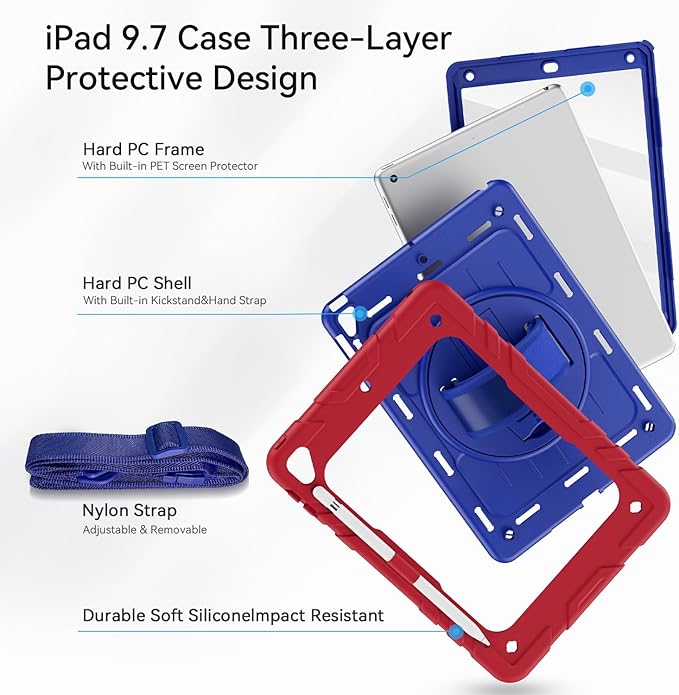 Case for iPad 6th/5th Generation 9.7'' with Screen Protector Pencil Holder [360 Rotating Hand Strap] &Stand, Drop-Proof Case for iPad 6th/5th/ Air 2/ Pro 9.7 (Red&Blue)