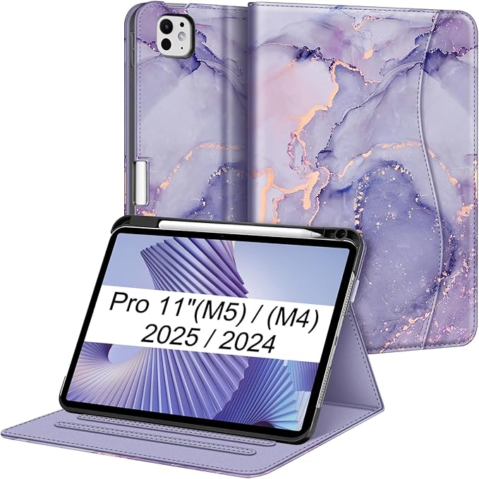 Fintie Folio Case for iPad Pro 11-inch (M5) 2025 / (M4) 2024, Magnetic Multi-Angle Smart Stand Cover with Built-in Pencil Holder & Pocket, Auto Sleep/Wake, Lilac Marble