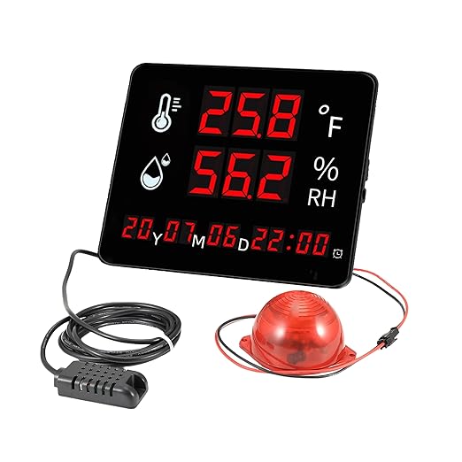 Large Display Thermometer Big Temperature Warning Light – Max Min to Monitor High and Low Temperature Humidity Sensor Alarm Alert, Thermometer Hygrometer Warning with Time & Date