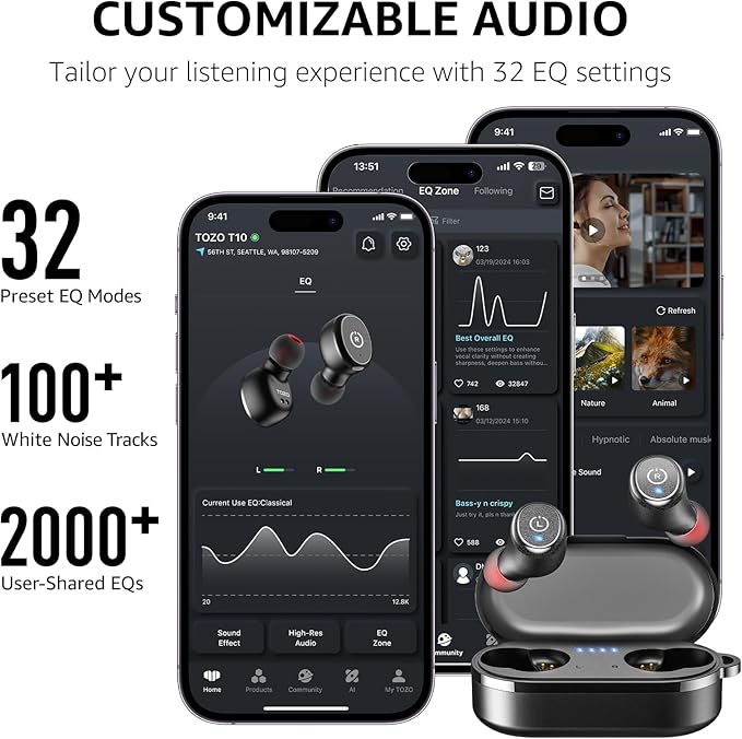 TOZO T10 Wireless Earbuds Bluetooth 5.3 Headphones, App Customize EQ, Ergonomic Design, 55H Playtime, Wireless Charging Case, IPX8 Waterproof Sound in-Ear Headset, New Version