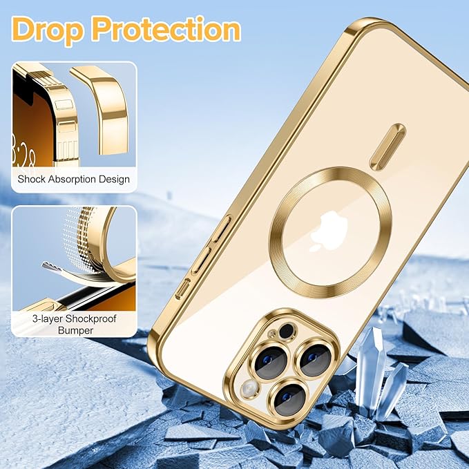 Hython Magnetic Clear for iPhone 13 Pro Max Case with Camera Lens Protector [Compatible with MagSafe] Plating Edge Slim Soft TPU Cover Protective Phone Case for iPhone 13 Pro Max 6.7", Gold