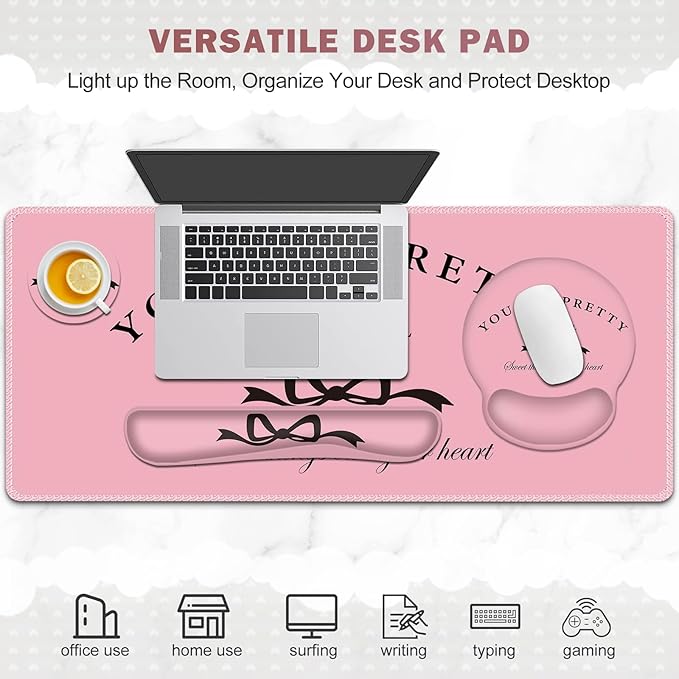 Gaming Mouse Pad, Large Desk Mat, Cute Desk Pad Protector, 4in1 XXL Mousepad + Keyboard Wrist Rest+Mouse Wrist Rest+Coaster Set with Ergonomic Desk Pad for Home Office Table Computer, Pink Pretty Bow