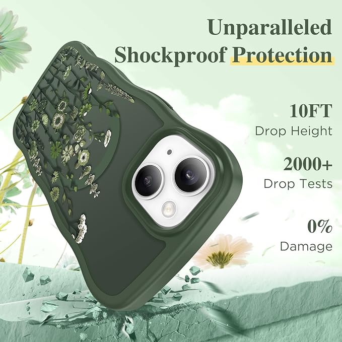 GVIEWIN Cute for iPhone 14 Case & iPhone 13 Case [Compatible with MagSafe][Curly Wave Edge]Floral Translucent Magnetic Shockproof Protective Phone Cover for iPhone 14/13 6.1'', Floratopia/Forest Green