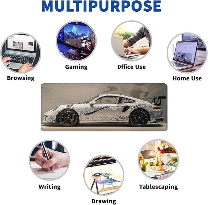 White Ukiyo-e Style Sports Car Mouse Pad Abstract White Mouse Pad 31.5x11.8 Inch Texture Non-Slip Rubber Base Large Mousepad Stitched Edges Keyboard Mouse Mat Desk Pad for Office and Home