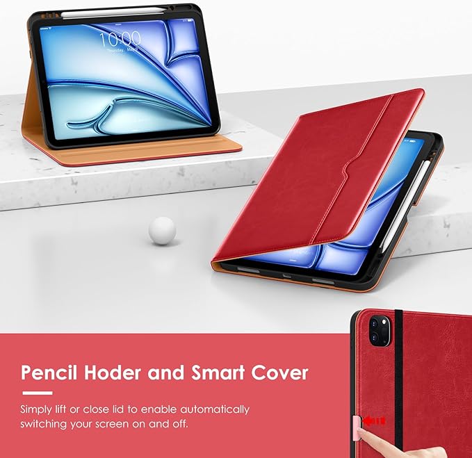 VIKESI Case for iPad Air 13 inch (M4) 2026 / (M3) 2025 / (M2) 2024,Premium Leather Folio,Apple Pencil Holder,Auto Sleep/Wake,Stand Cover - Red