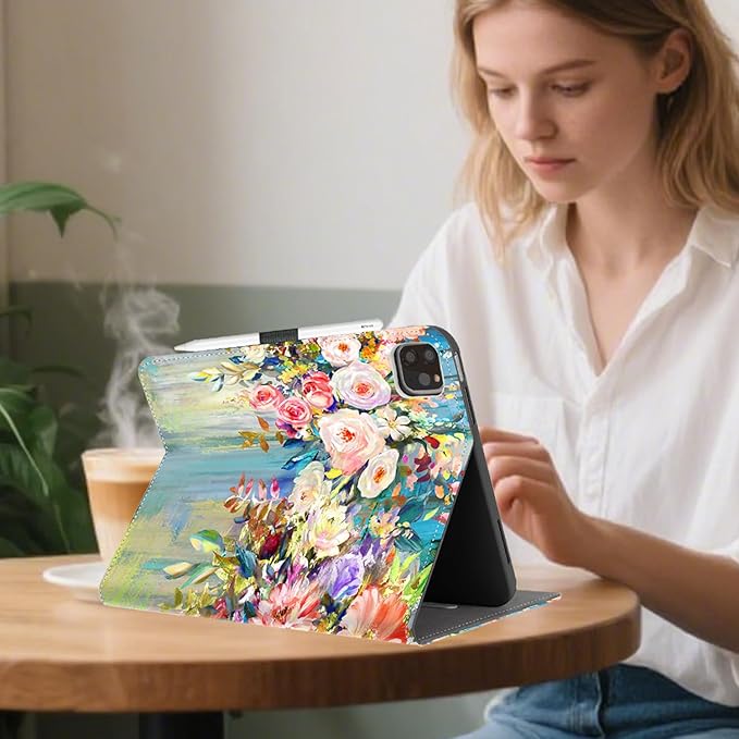 for iPad Air 11 Inch Case M4/M3/M2 2026/2025/2024, Flower for iPad Pro 11 Inch Case 4Th/3Rd/2Nd/1St Generation, for iPad Air 5Th/4Th Gen Cases 10.9 Inch Pencil Holder/Pocket/Hand Strap, Floral