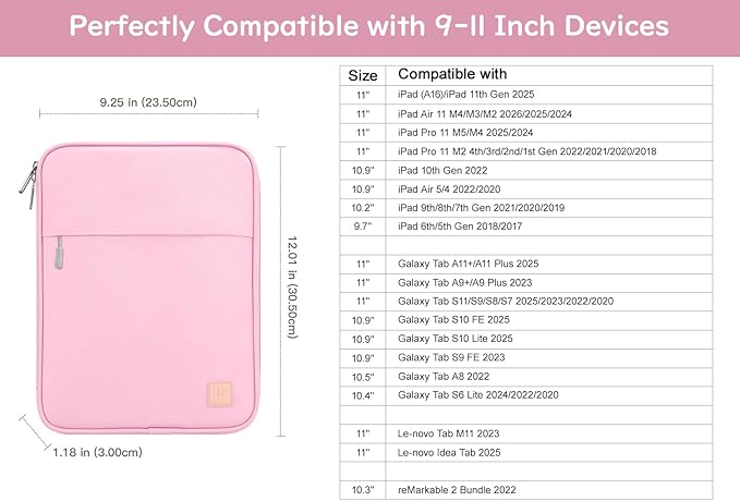 Dadanism 9-11 Inch Tablet Sleeve Padded Carrying Case for iPad (A16) 11th Gen 11", iPad 10th Gen 10.9", iPad Air M4/Pro M5 11", iPad Air 5/4, iPad 9/8/7th Gen, Galaxy Tab A11+ Plus 11", Flowers Pink