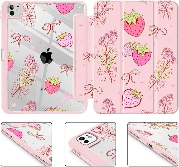 May Chen Case for iPad Pro 11-Inch M5/M4 2025/2024 (6th/5th Generation), Clear Transparent Print Back Shell Slim Stand Shockproof Tablet Cover, Auto Wake/Sleep, Strawberry Bow