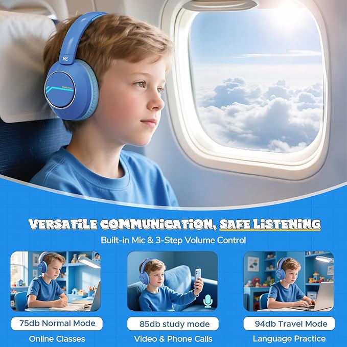 Steellumen Nova1Pro Active Noise Cancelling Headphones for Kids, 3-Level Safe Volume 75/85/94dB, ANC Safe Wireless Listen, Fast Charging, Bluetooth 5.4 with Mic, boy Girl for School, Travel & Airplane