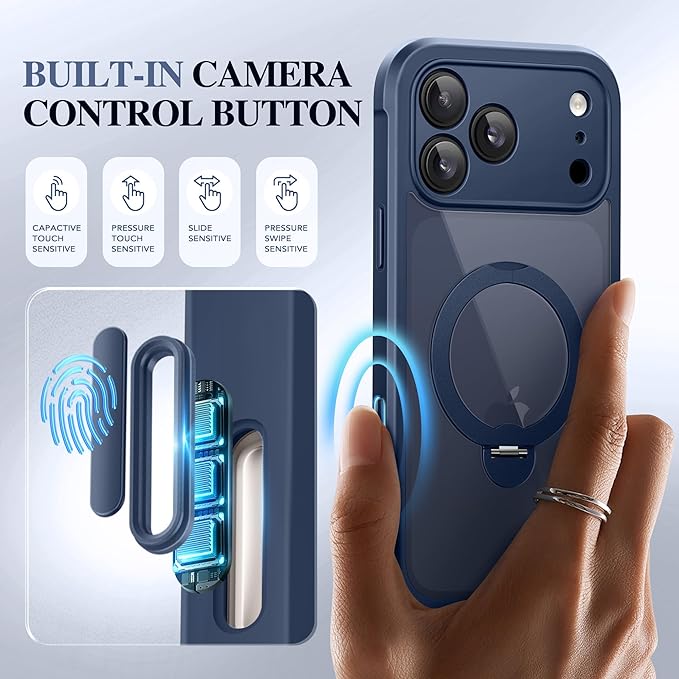BERFY for iPhone 17 Pro Case, Compatible with MagSafe, Built in Privacy Screen Protector, Shockproof Full Body Phone Case for 17 Pro with Magnetic Stand, Clear Blue