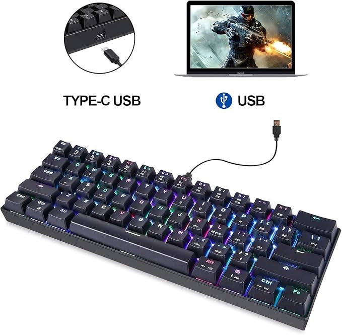 MOTOSPEED 60% Mechanical Keyboard Portable 61 Keys RGB LED Backlit Type-C USB Wired Office/Gaming Keyboard for Mac, Android, Windows（Red Switch）
