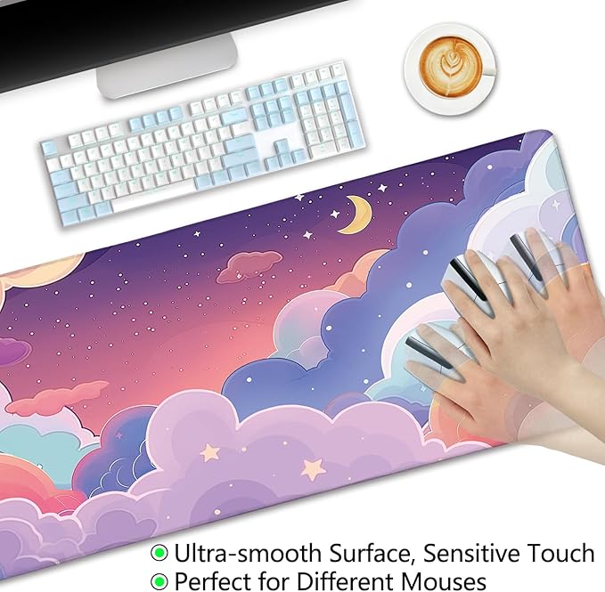 LIMKRIAN Purple Cloud Mouse Pad Large Desk Mat, Kawaii Purple Computer Mousepad with Stitched Edges Non-Slip, Keyboard Mouse Pad for Desktop Cute Office Supplies Desk Decor Accessories 31.5x11.8 in
