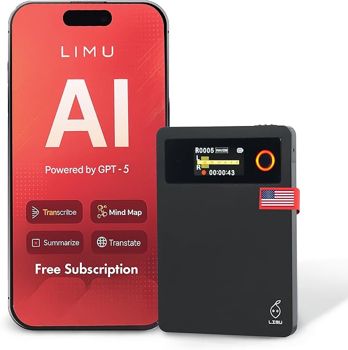 LIMU AI Voice Recorder with App Control - 18h Battery, 64GB Metal AI Note Taking Device - ChatGPT 5 Translation, Summaries & Mind Maps (125 Languages), 400 Min/Month, Audio Recorder with Transcription