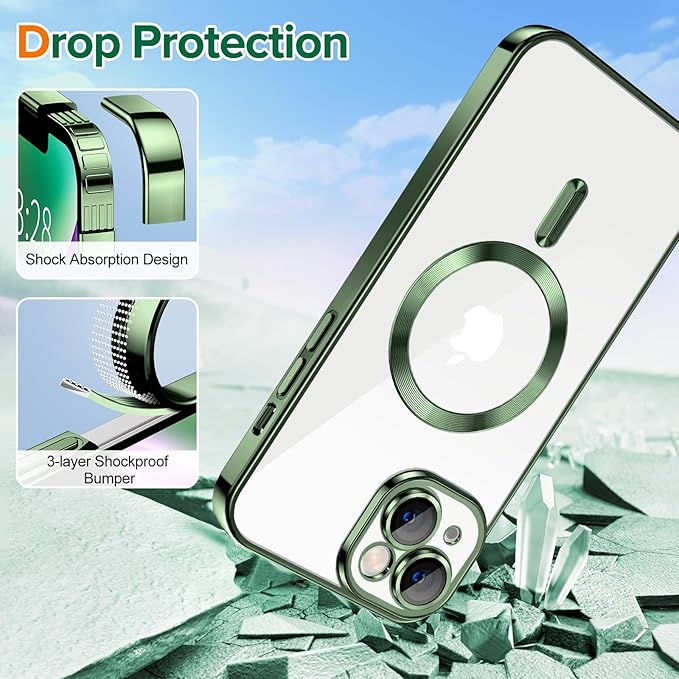 Hython Magnetic Clear for iPhone 14 Case with Camera Lens Protector [Compatible with MagSafe] Luxury Plating Edge Slim Soft TPU Cover Protective Phone Case for iPhone 14 6.1", Deep Green