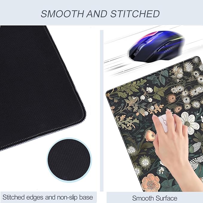 Dark Flower Desk Mat Floral Plants Mouse Pad Boho Aesthetic Wildflowers Large Gaming Mousepad Desk Pad, XXL Keyboard Mouse Mat Full Desktop Mat Women Office Desk Accessories 31.5"x15.7"