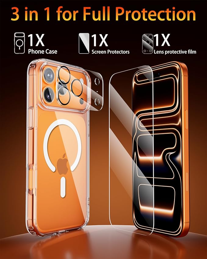 for iPhone 17 Pro Case, Compatible with MagSafe, Magnetic Slim Cover, Anti-Yellowing & Shockproof, Full Camera Protection, Includes Screen & Lens Protectors, Clear Protective Case