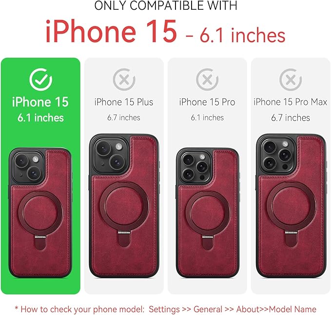 for iPhone 15 Case with Stand Compatible with Magsafe Slim PU Leather & Durable TPU Drop Proof Magnetic Kickstand Protective Phone Cover with Tempered Glass Screen Protector 6.1", Red