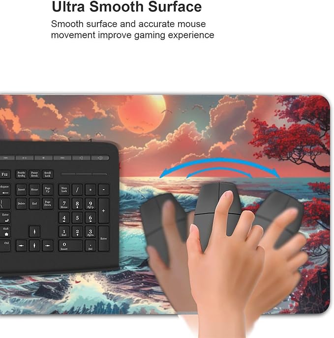 XXXL Japanese Sea Wave Desk Mat 48"x24" - Full Desktop Protector & Non-Slip Gaming Mouse Pad with 3mm Thick Base & Stitched Edge for Dual Monitors, Office & Home