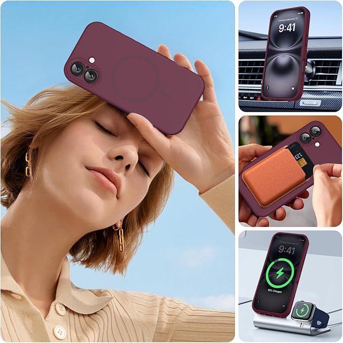 Miracase Magnetic for iPhone 16 Plus Case, [Soft Anti-Scratch Microfiber Lining], Magnetic for MagSafe, Liquid Silicone Shockproof Drop Protection Phone Case for 16 Plus,Wine Red