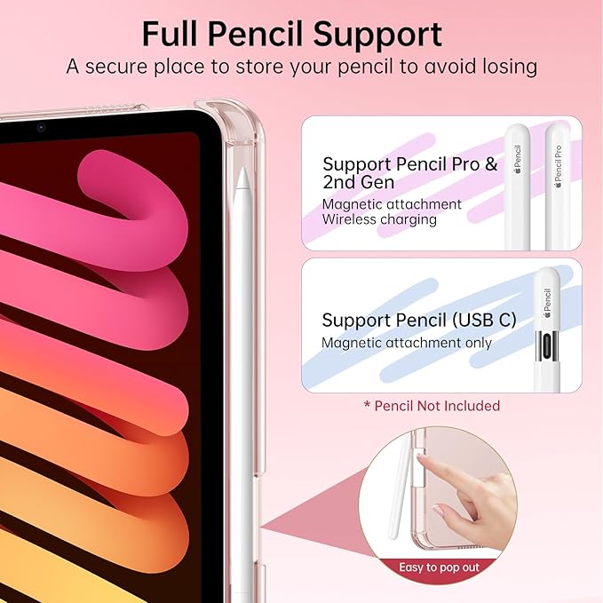 MoKo for iPad mini 7 A17 Pro Case 2024, iPad mini 6th Generation Case 8.3 Inch 2021 with Pencil Holder, Slim Light Trifold Smart Protective Cover with Hard PC Translucent Back Shell, Rose Gold