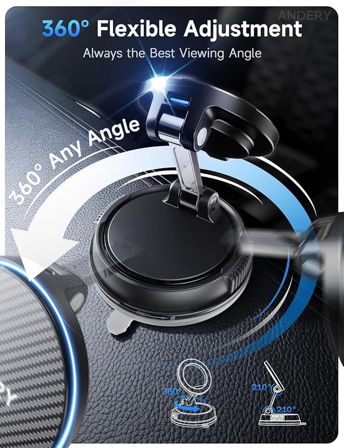ANDERY Only for iPhone Magsafe Car Mount Charger [15W Fast Wireless Charging, 78+LBS Strong Suction 2400gf Strong Magnetic] 360° Adjustable Car Phone Holder, Phone Holders for Your Car for pats & mats
